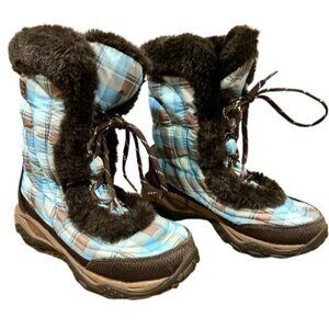 The North Face Girls Snow Boots US 3 Blue Brown Plaid Insulated Winter Fur EU 34